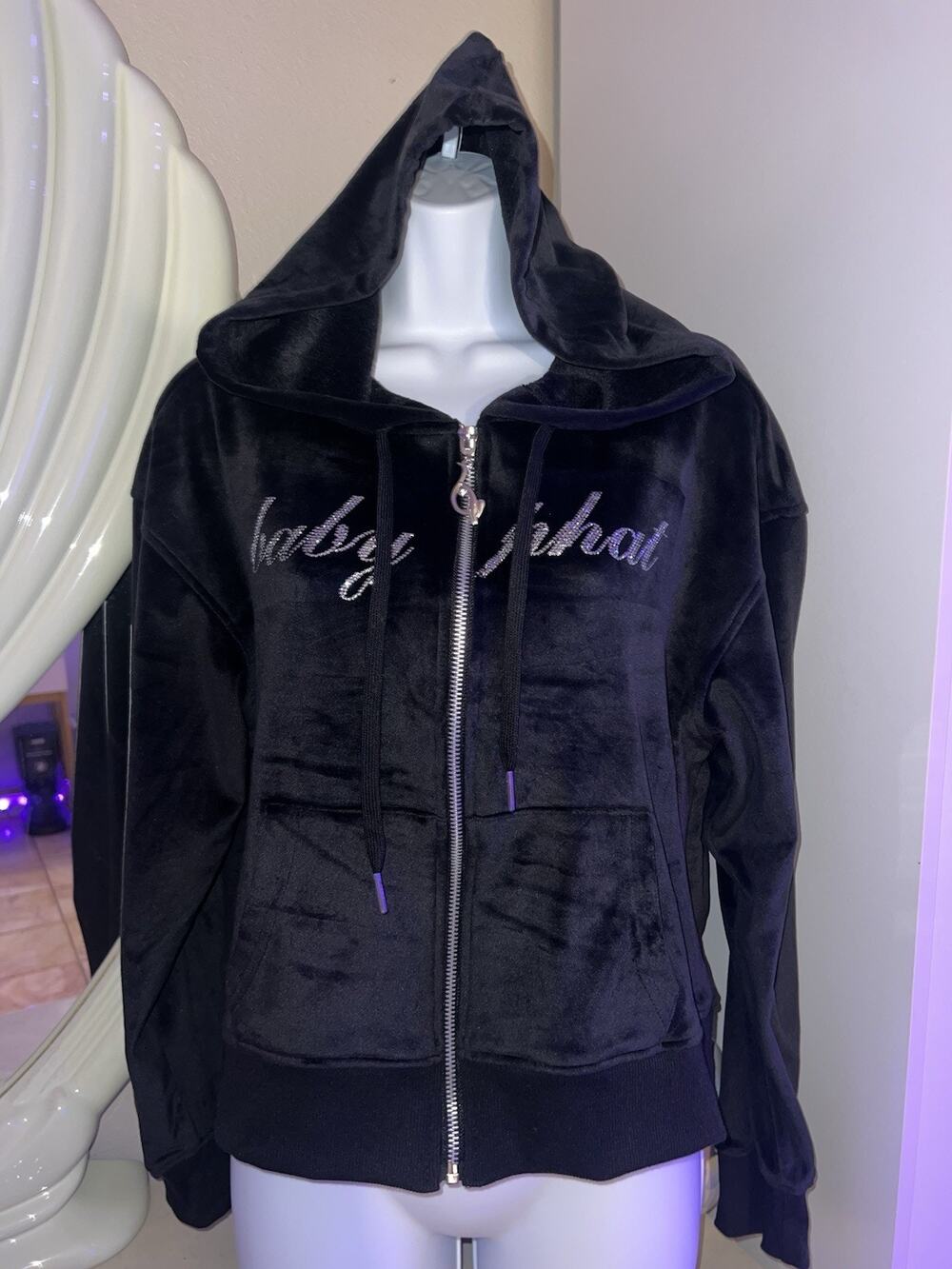 Baby Phat Velour Zip Up Hoodie Women’s Size M Black Logo Rhinestones